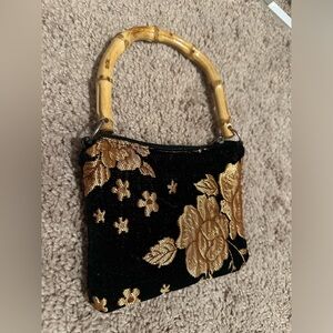 Bamboo-handle, sequined floral purse